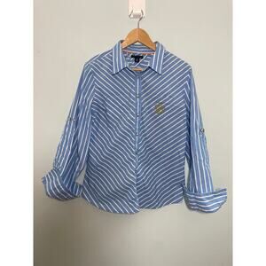 Tommy Hilfiger women’s XL blue striped pearl button, long sleeve shirt crest